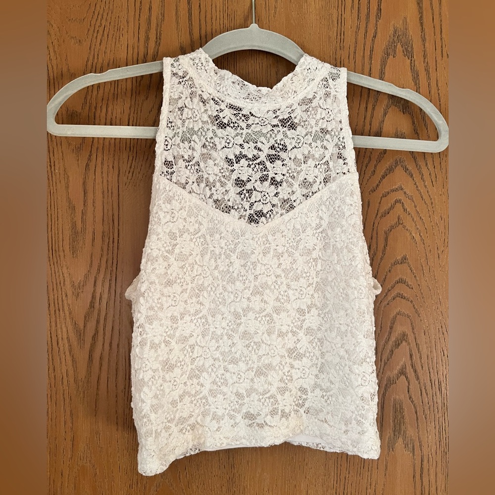 White lace high neck crop top